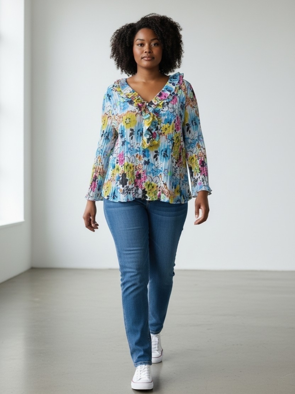 erin london Blue Floral Ruffle V-Neck Blouse